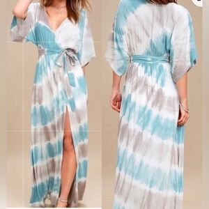 Lulu’s Seaside Village Blue and Taupe Tie-Dye Maxi Dress